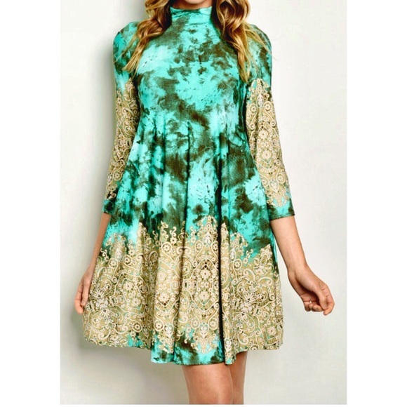 TURQUOISE AND TAN 3/4 LENGTH SLEEVES SLIP-TUNIC TANK NEW‎ - Picture 2 of 7